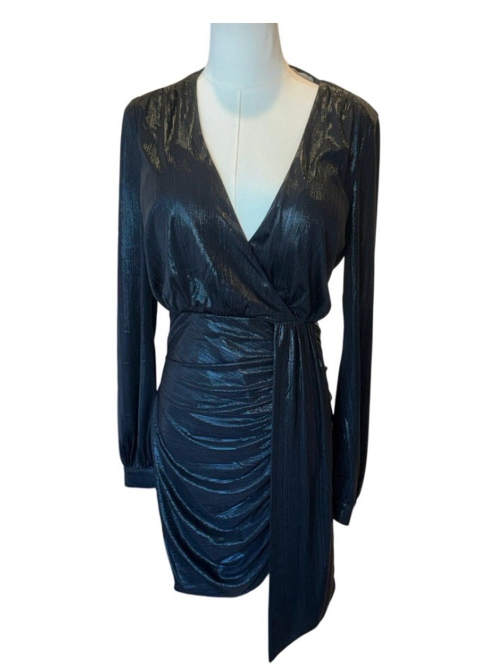 ✨ Donnée Par Dieux Black Metallic Ruched Mini Dress w/ Draped Sash – Size Medium
